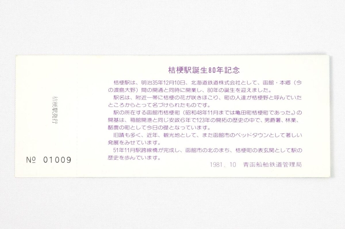 入場券の裏面。「桔梗駅誕生80年記念」と題して、桔梗駅の歴史や駅名の由来、所在する函館市桔梗町の歴史や発展状況などが記されている。