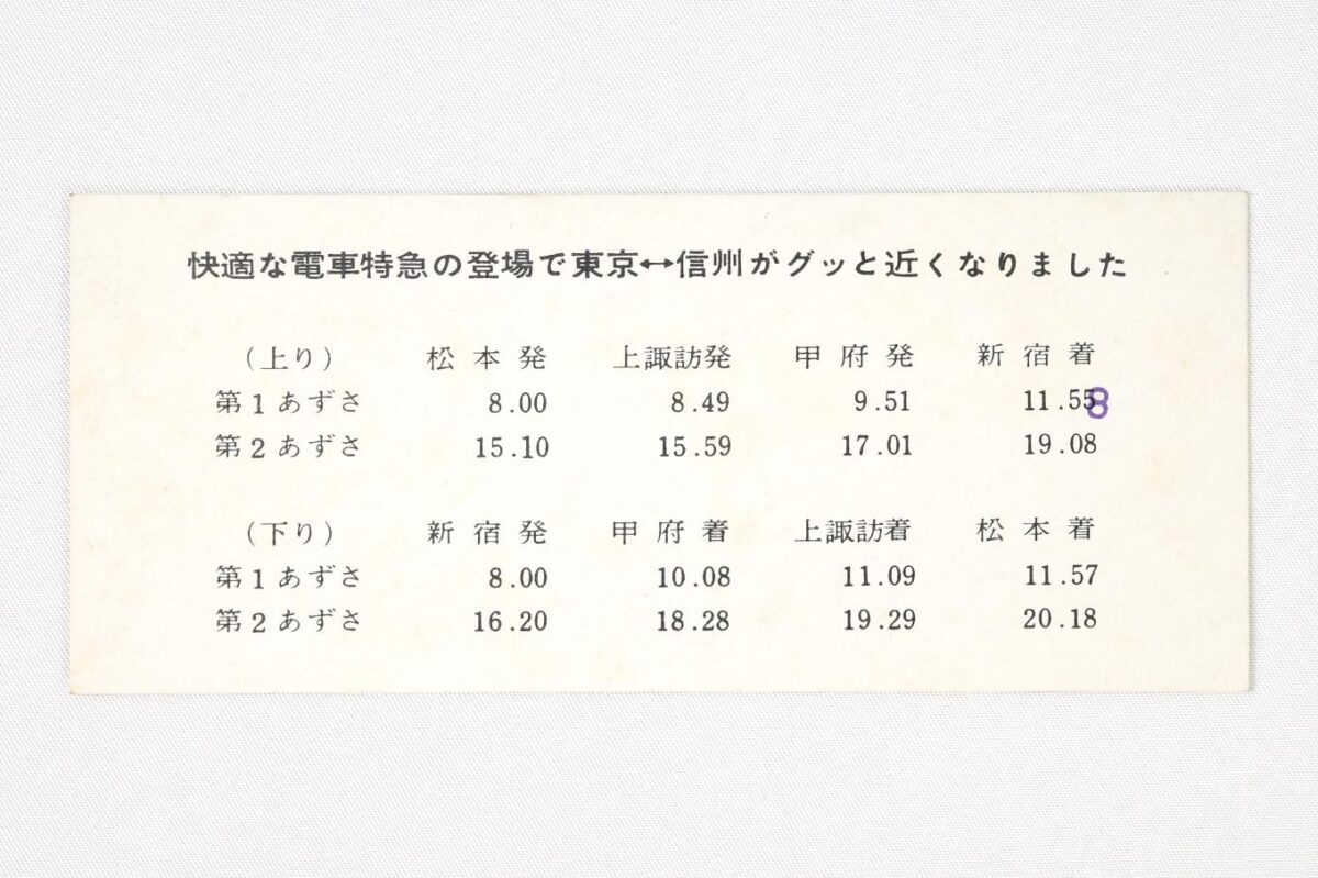 記念券の裏面。「快適な電車特急の登場で東京↔信州がグッと近くなりました」の文言の下に、あずさ全列車の時刻表が掲載されている。