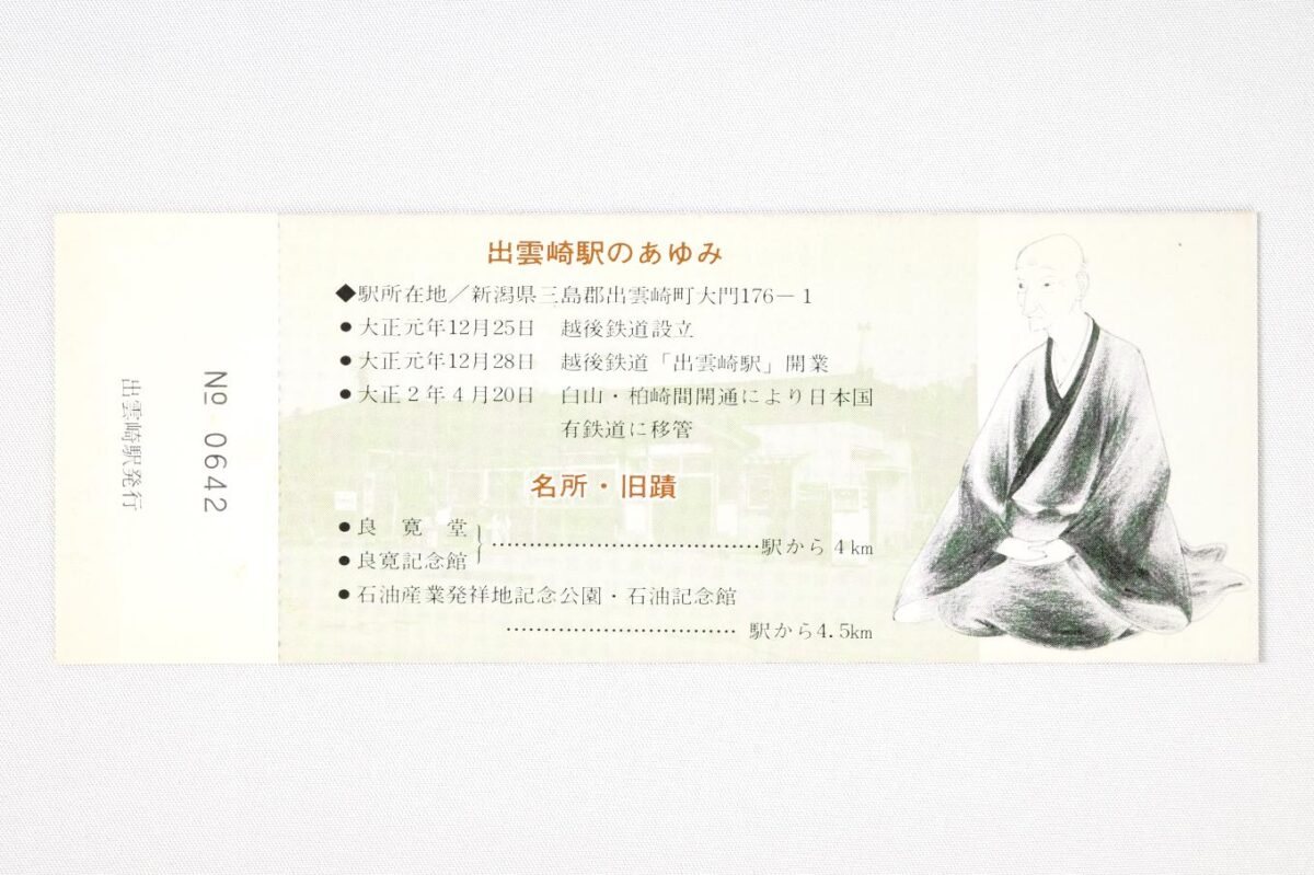 入場券の裏面。左側には旧駅舎と思われる木造駅舎の写真が薄く印刷されていて、その上に出雲崎駅の沿革と、良寛堂や石油記念館といった名所旧跡が記されている。右側には良寛の肖像画が置かれている。
