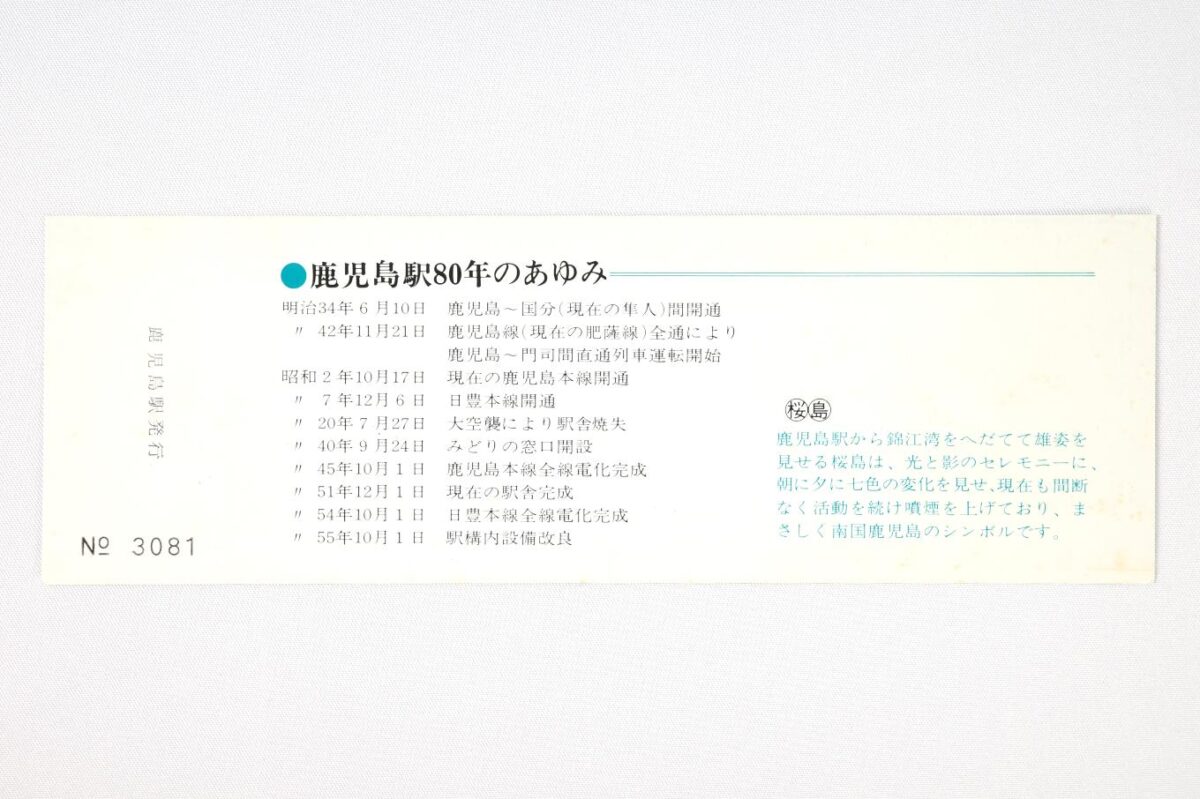 入場券の裏面。左側に鹿児島駅80年のあゆみと題して、明治時代の開業からの沿革が記されている。右側には桜島の説明が記されている。